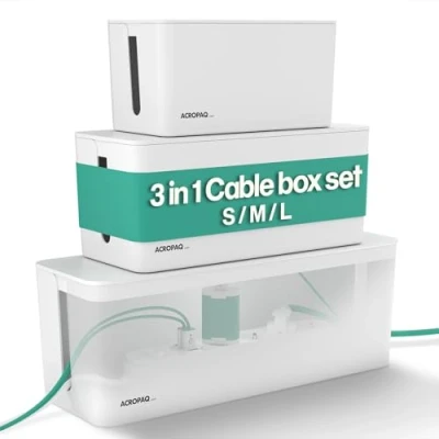 Afbeelding van ACROPAQ Kabelbox 3 in 1 set, Small + Medium Large Kabeldoos, Opbergbox stekkerdoos, Kabel organiser Wit