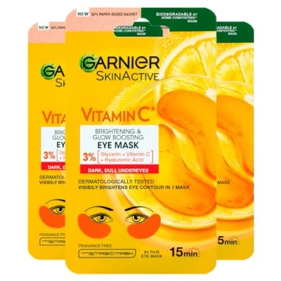 Afbeelding van Garnier SkinActive Vitamin C Verhelderend oogmasker voor alle huidtypes, met vitamine C, hyaluronzuur, biologisch afbreekbare stof, 3 verpakkingen van 1 toepassing