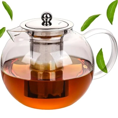 Afbeelding van CRYSTALIA theepot van hoogwaardig transparant borosilicaatglas met theezeef, 950 ml, 100% loodvrij, hittebestendig, voor losse thee, kruidenthee, salie theepot,