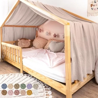 Afbeelding van lilimaus bedhemel [lichtbeige] 100% katoenen chiffon handgemaakte hemel decoratieve voor meisjes en jongensbed kinderbed bedgordijn