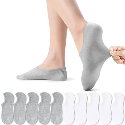 Afbeelding van PAUNEW Lage sokken voor dames en heren, 10 paar, onzichtbaar, sportsokken van katoen, antislip, casual, 5 x wit + grijs