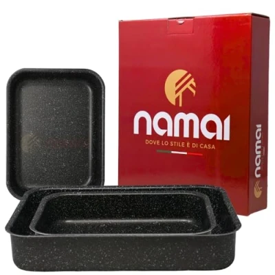 Afbeelding van NAMAI Set van 3 rechthoekige ovenplaten Lasagnera met antiaanbaklaag Vaatwasmachinebestendig Aluminium Kookplaten Design steenlook (set 1)