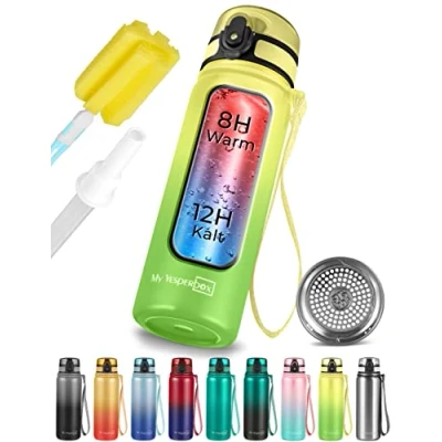 Afbeelding van Thermo Minny roestvrijstalen waterfles lekvrij met rietje of zeef 400ml, 600ml robuuste voor kinderen en volwassenen bpa vrij (groen geel, 600 ml)
