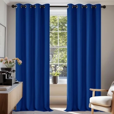 Afbeelding van Deconovo Warmte isolerende verduisteringsgordijnen, modern design met oogjes, gordijnen voor woonkamer en slaapkamer, 140 x 220 cm (breedte hoogte), koningsblauw, 2 stuks