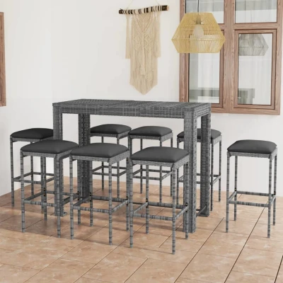 Afbeelding van 9 delige Tuinbarset met kussens poly rattan grijs