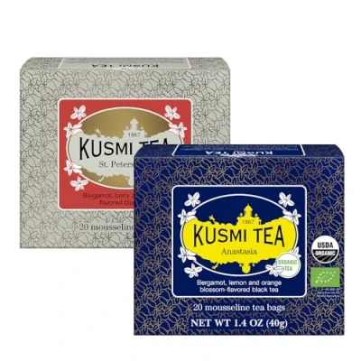 Image de Kusmi Tea Anastasia + St Petersbourg Lot de 2 boîtes Thé Noir Biologique à la Bergamote Bio avec Fruits Rouges, Caramel, Vanille et Earl Grey 2x20 Sachets
