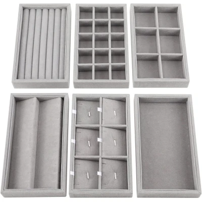 Afbeelding van Belle Vous 6 Pak Grijs Velours Stapelbare Sieraden Organizer Opslag Trays Geassorteerde Lade Display Dozen 36 Compartimenten Totaal voor Kettingen, Ringen, Armbanden, Oorbellen en Meer