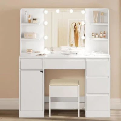 Afbeelding van WOLTU make uptafel met spiegel, kruk en lampen, instelbare helderheid, meervoudig stopcontact, up 5 laden open planken, 110 x 40 cm, voor slaapkamer