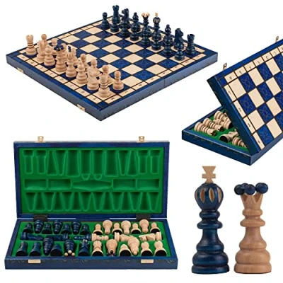 Afbeelding van Pearl XL Handgemaakt schaakspel, Master of Chess blauw, 42 cm houten schaakspel voor volwassenen en kinderen, schaakbord met figuren
