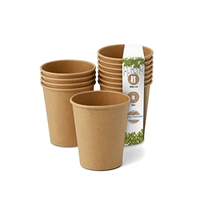 Afbeelding van Greenbox 50 Biologische wegwerpbekers, composteerbare bekers, papieren bekers met PLA coating, bruin, ongebleekt, 200 ml