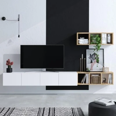Afbeelding van Hanah Home Meuble TV élégant, blanc et chêne 215 x 25 32 cm 100% mélamine, épaisseur 18 mm Étagères amples pour salons modernes