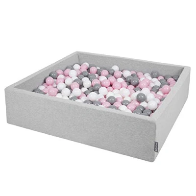 Afbeelding van KiddyMoon vierkant ballenbad 120x30cm/200 ballen ∅ 7cm vierkante ballenbakken voor baby&#039;s speelbad peuters, made in the eu, lichtgrijs:wit grijs poederroze