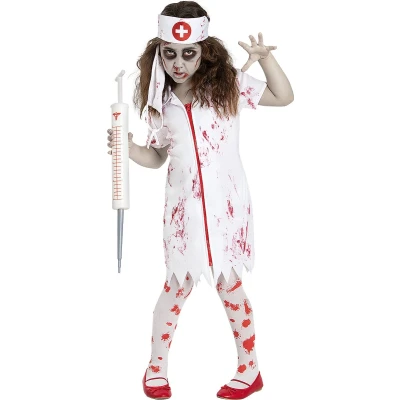 Afbeelding van Funidelia Zombie Verpleegster Kostuum voor meisjes Ondood, Halloween, Horror kinderen Accessoire verkleedkleding en rekwisieten carnaval &amp; feesten Maat 107 113 cm Wit