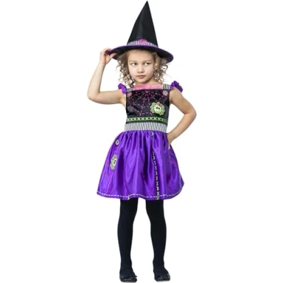 Afbeelding van Smiffy&#039;s Heks &amp; Spider Lady Voodoo Duistere Religie Kostuum Heksje Stitch Witch Meisje Paars, Zwart Small Halloween Verkleedkleding