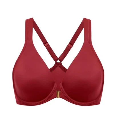 Afbeelding van DELIMIRA Dames racerback beha, grote maten, beugels, diepe hals, zonder voering, volle cups, Rood plezier