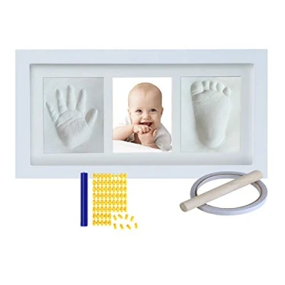 Afbeelding van Babyhandafdruk, afdruk voor baby&#039;s, pasgeborenen, jongens en meisjes, niet giftig, witte klei, babyset van hout geboortelijst met alfabetvorm (wit)