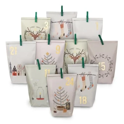 Afbeelding van Extravagante adventskalender om te vullen met 24 pastelkleurige geschenkzakjes en cijferstickers clips motief Hygge knutselen weg geven Kerstmis &amp; Advent