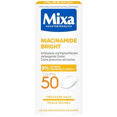 Afbeelding van Mixa niacinamide Bright SPF 50 beschermende crème tegen pigmentvlekken met 9% glycerine, en vitamine E zonbeschermingsfactor, ml