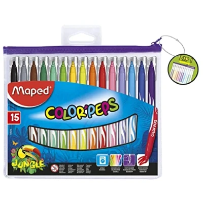 Afbeelding van Maped Jungle Color&#039;Peps viltstiften 15 Wasbaar en droogbestendig Medium geblokkeerde punt Levendige kleuren Ideaal voor schoolbenodigdheden Etui met ritssluiting