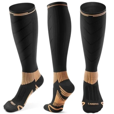 Afbeelding van CAMBIVO Koperen compressiekousen, compressiekousen voor dames en heren, hoge 15 20 mmHg vliegreizen, sport, bloedcirculatie benen, verpleegster, hardlopen, zwart.