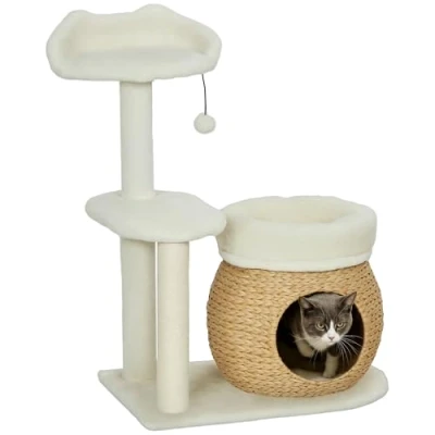 Afbeelding van PawHut Krabpaal 79 cm met grot, bed, speelballen, sisal krabpaal, voor katten tot 5 kg, crèmewit