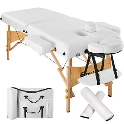 Afbeelding van tectake 400419 Massagetafel met 2 zones, 7,5 cm, matras + rolkussens tas, verschillende kleuren, wit