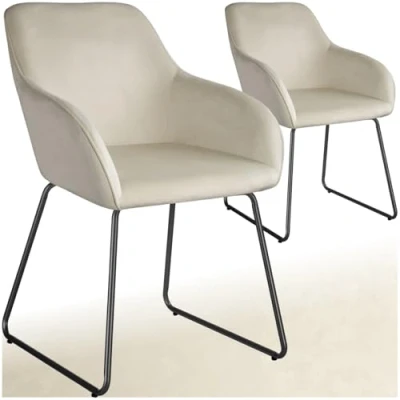 Afbeelding van tectake® Eetkamerstoel Jeane Set van 2 Eetkamerstoelen met doorlopende rugleuning en armleuning Kuipstoelen fluwelen bekleding Stijlvolle keukenstoelen voor eetkamer of woonkamer Slipvrije vloerbeschermende voetjes Crème/zwart