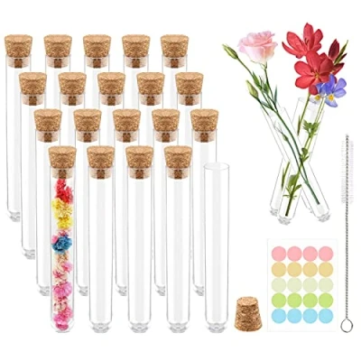 Afbeelding van 20 Stuks Reageerbuisjes van Kunststof, 10ml Plastic Reageerbuizen voor Bloemen, Transparant Reageerbuisje Snoep met Natuurlijke Kurk Knutselen
