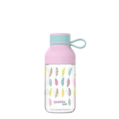 Afbeelding van Quokka Kids Ice met haak Feathers herbruikbare waterfles van Tritan, BPA vrij, brede vulopening en druppelsluiting, 430 ml