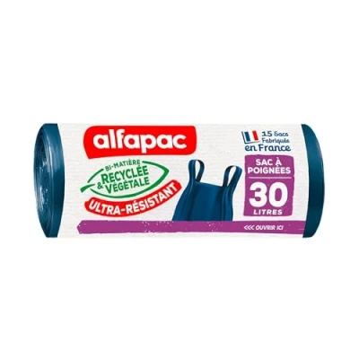 Afbeelding van Alfapac 15 vuilniszakken 30 l met zeer robuuste handgrepen, gemaakt in Frankrijk, gerecyclede en plantaardige bi materialen