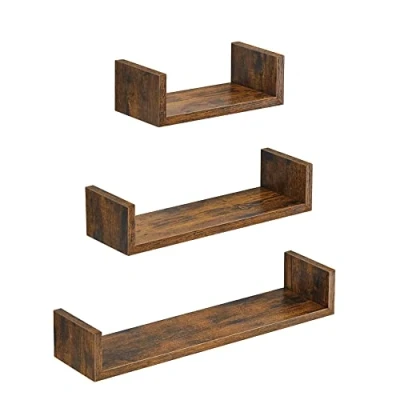 Afbeelding van SONGMICS LWS066T01 Set van 3 zwevende wandplanken 30/45/60 cm maximale belasting 10 kg voor woonkamer, kantoor, badkamer, keuken, vintage bruin