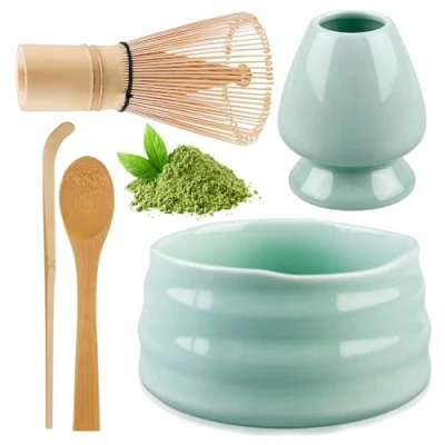 Afbeelding van matcha theeset met garde, bezemhouder, keramische kom, 2 theelepels, Japanse accessoires voor de ceremonie, perfecte set bereiding