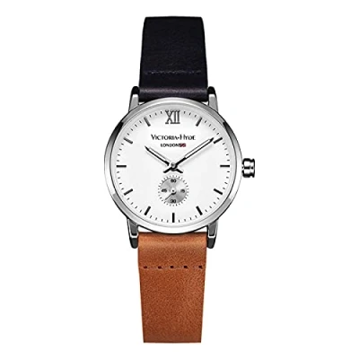 Afbeelding van VICTORIA HYDE Elegant retro kwartshorloge met kleine wijzerplaat voor dames, echt lederen band, moederdagcadeau, Blauw/Bruin, Riem