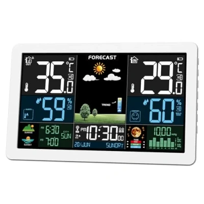 Afbeelding van Weerstation met buitensensor, digitale lcd barometer, draadloos, kleur DCF, alarm, maanfase, weersvoorspelling, instelbare achtergrondverlichting, wit