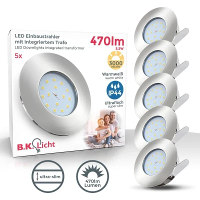 Afbeelding van B.K.Licht LED Inbouwspots badkamer 5 stuks dimbaar badkamerlamp ronde spotjes inbouw IP44 Ø7.5cm 3.000K 450Lm 5.5W nikkel