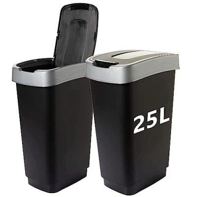 Afbeelding van LIVINJA Duo Vuilnisemmer, set van 2, 2 vakken 25 liter, geurwerend, dubbele vuilnisemmer met kanteldeksel, robuuste en recyclebare kunststof, zwart, Made in EU