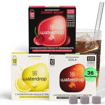 Afbeelding van waterdrop® Microdrink Frisdrankset cola, kers en citroen, 36 bruisblokjes in 3 smaken, verrijkt met vitaminen, zonder suiker, gearomatiseerd water zuigtabletten
