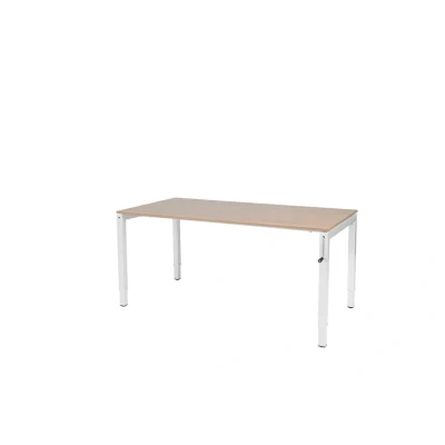 Afbeelding van Cubeo 4 poot bureau, zit/zit hoogte verstelbaar (62 85cm) dmv slinger met 160x80cm havana/ kersen licht 25mm blad en wit (RAL9010) frame