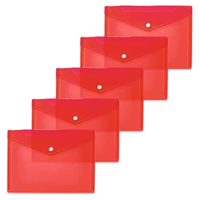 Afbeelding van HERMA 20054 Set van 5 transparante polypropyleen hoezen voor documenten, DIN A5 (25 x 18 cm) met drukknop school, universiteit, kantoor, enveloppen, rood