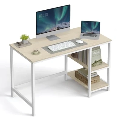 Afbeelding van VASAGLE Computerbureau, schrijfbureau met 2 legplanken links of rechts, werktafel voor kantoor, woonkamer, stalen frame, modern, beige en parelwit LWD047N02