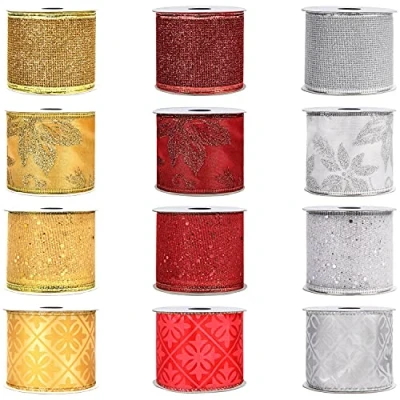 Afbeelding van Belle Vous kerstlint (12 stuks) 2,74 m x 63 mm breed goud, zilver en rood organza lint met motieven cadeauverpakkingen gouden lint,