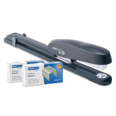 Afbeelding van Rapesco 1281 790 Eco nietmachine, lange arm, grote capaciteit, met 10.000 nietjes, type 26/8 mm, capaciteit van 50 vellen, antraciet