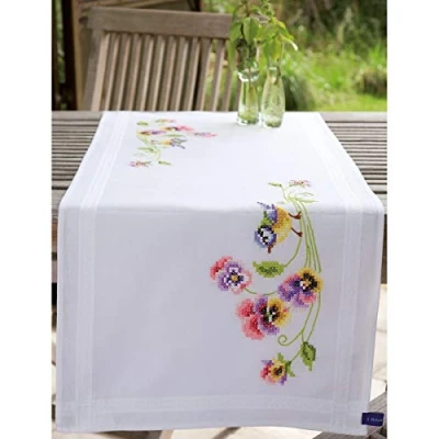 Afbeelding van Vervaco Tafelloper met mees en viooltjes geweven rand, katoen, meerkleurig, 40 x 100 0,3 cm