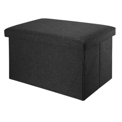 Afbeelding van Intirilife Opvouwbare bank 78x38x38 cm in DIAMOND ZWART Zitkubus met opbergruimte en deksel van stof linnenlook voetensteun Opbergkist Krukzitting