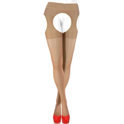 Afbeelding van Sesto Senso Panty met bandjes, open kruis, kanten kousenband riem, 15 denier