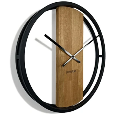 Afbeelding van FLEXISTYLE Grote wandklok Loft ovaal zwart metaal 3D XXL moderne houten badkamer woonkamer (50 cm diameter)