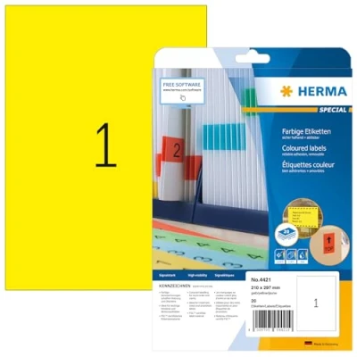 Afbeelding van HERMA 4421 20 vellen gele gekleurde etiketten, afneembaar, 210 x 297 mm, 1 per vel A4, stuks, zelfklevend, bedrukbaar, mat, blanco