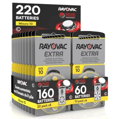 Afbeelding van 220 Rayovac Extra Size 10 Hearing Aid batterijen, beste duurzaamheid en geluidskwaliteit, 20 blisters met 8 6 batterijen