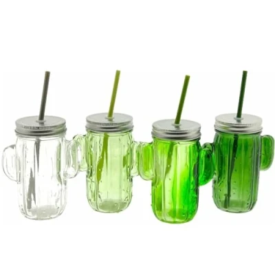Afbeelding van Glazen cactus drinkglas met deksel en rietje 350ml 4 Kleuren stuks
