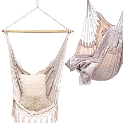 Afbeelding van Hangstoel Beige Braziliaanse Hangmat Stoel Schommel voor Buiten